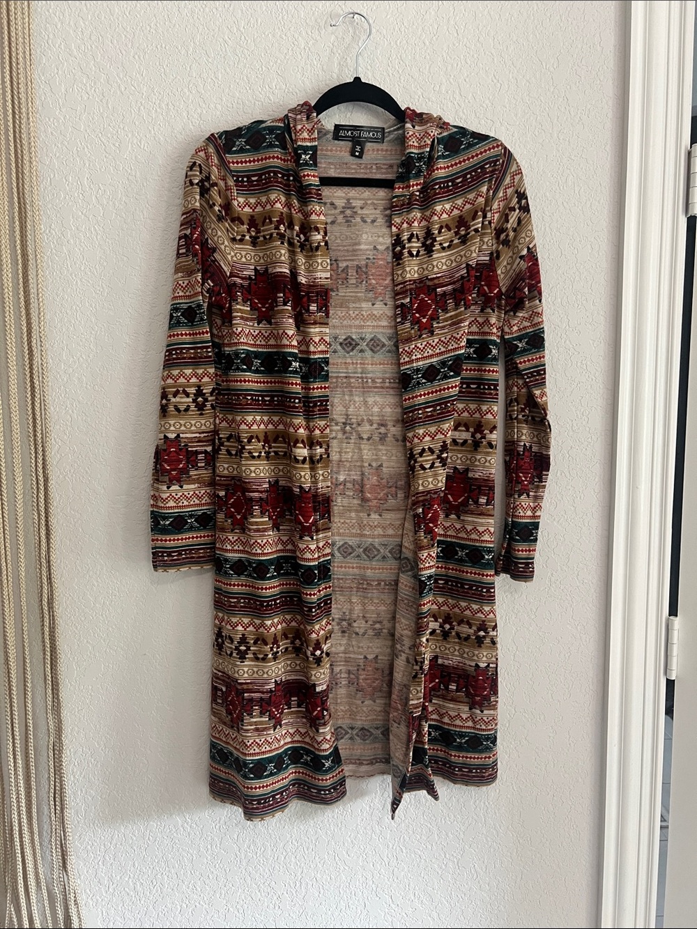 Aztec Print Hooded Cardigan - Red, Green, Cream